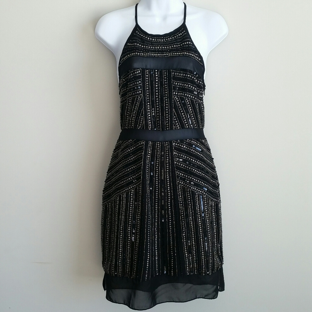 Parker 100% Silk Black Sequin Beaded Mini Dress S… - image 1